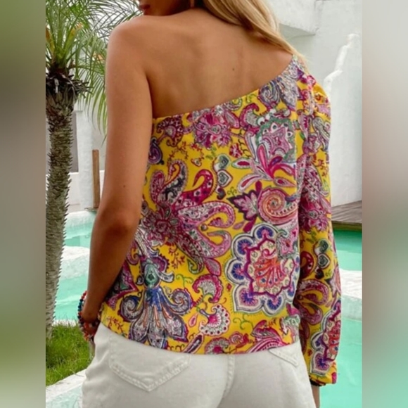 NWOT Paisley One Shoulder Long Sleeve Yellow Top Size XL - Picture 5 of 7
